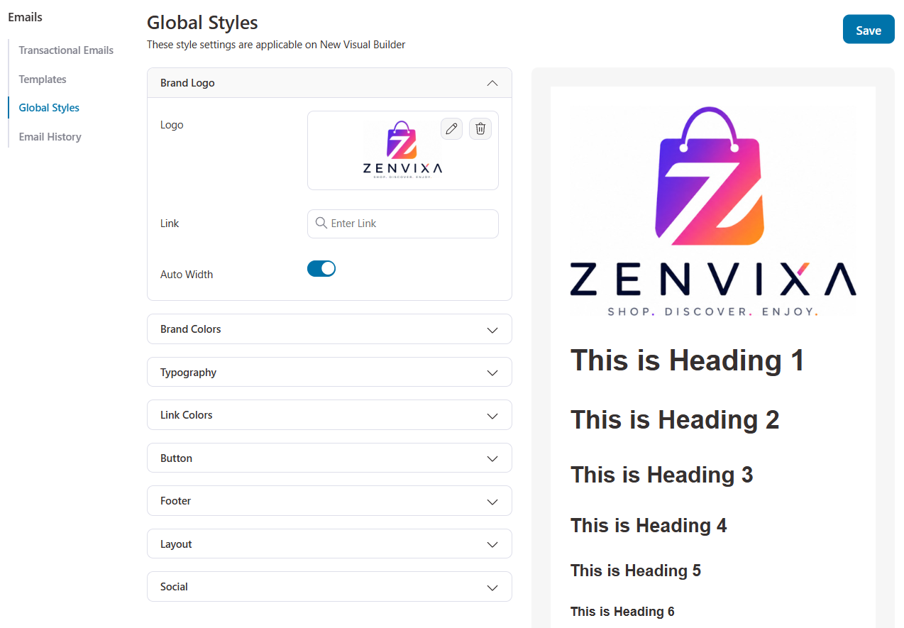 Add your logo, brand colors, and fonts in the global style settings.