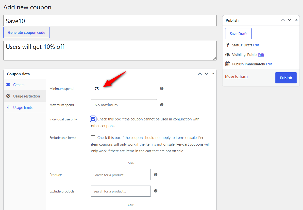 configure usage restriction for the woocommerce discount coupon