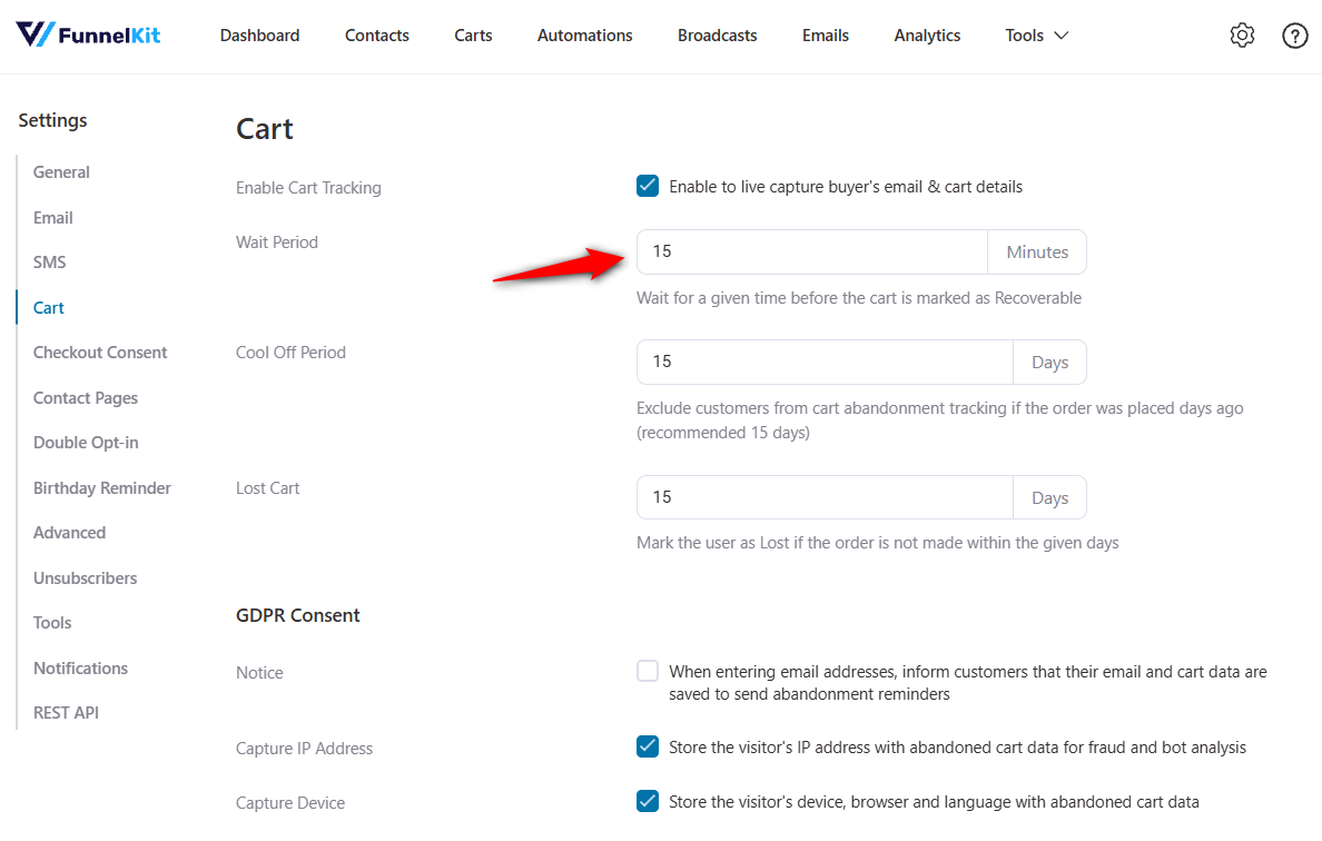 For most stores, 15 to 30 minutes is a reasonable starting point. A shorter wait can catch shoppers who are still comparing prices or checking another tab. Configure it inside FunnelKit Automations settings.