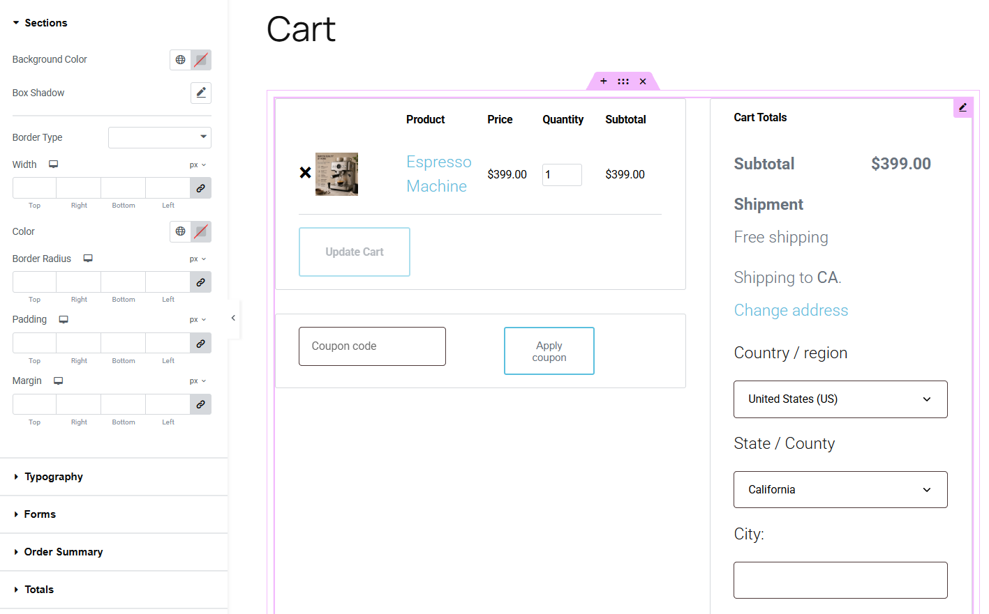 style the woocommerce cart page with elementor