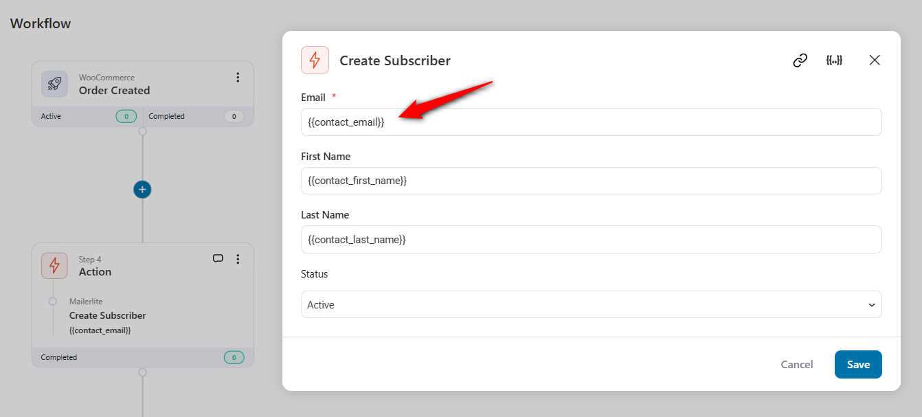 Map the email field using dynamic merge tags such as {{customer_email}}. Do the same with first name, address, etc.