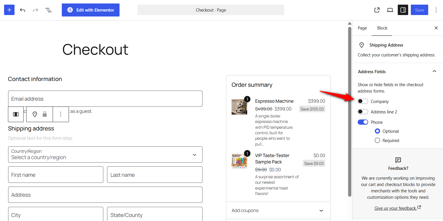 Open the Checkout page in the editor and select the Shipping Address or Billing Address block. You will see dropdown options for Company name, Address line 2, and Phone.