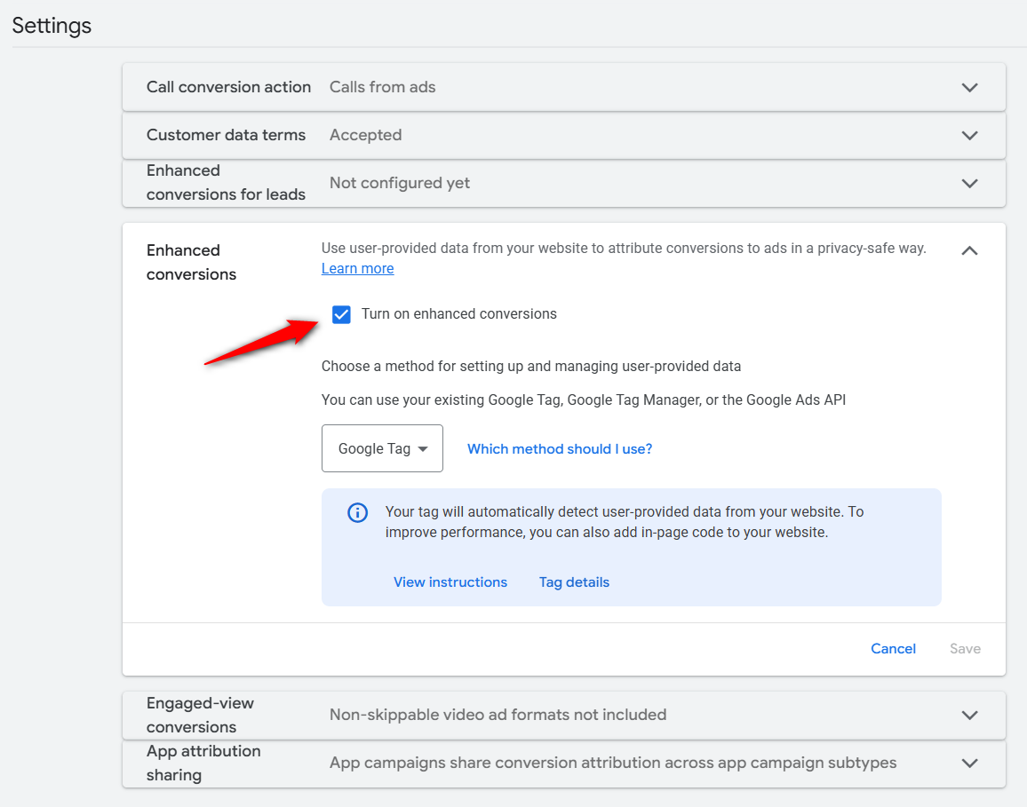Go to Goals ⇨ Conversions ⇨ Settings, expand Customer data use, turn on Enhanced conversions, and accept Google's customer data terms.