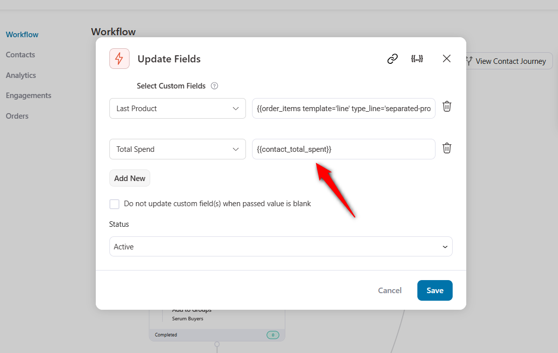 Use the Update Fields action to write last_product = Face Serum and total_spend field, so your MailerLite personalization and segments stay accurate.