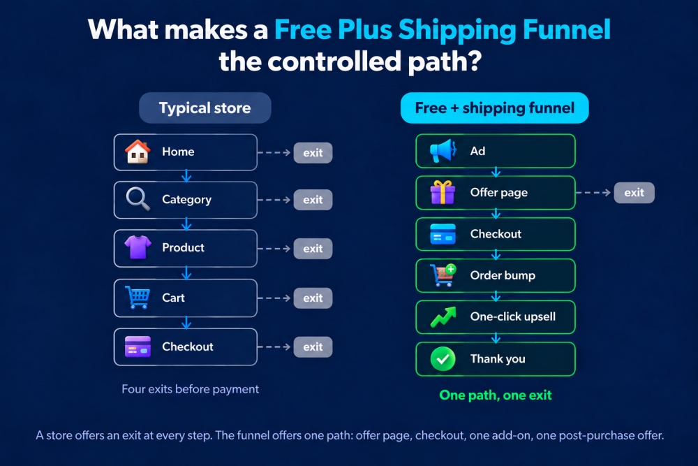 With a free plus shipping funnel, the visitor lands on a single offer page, completes checkout there, sees one add-on, and then gets one post-purchase offer.
