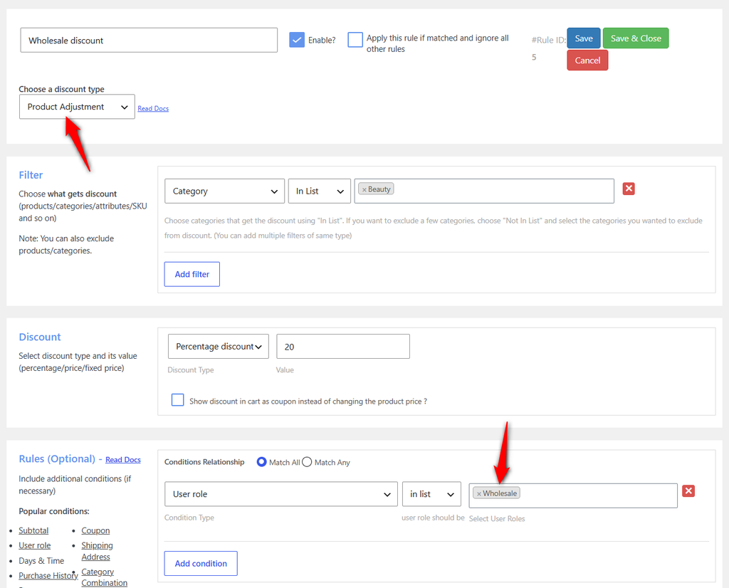 create the wholesale rule of 20% applies to that user role