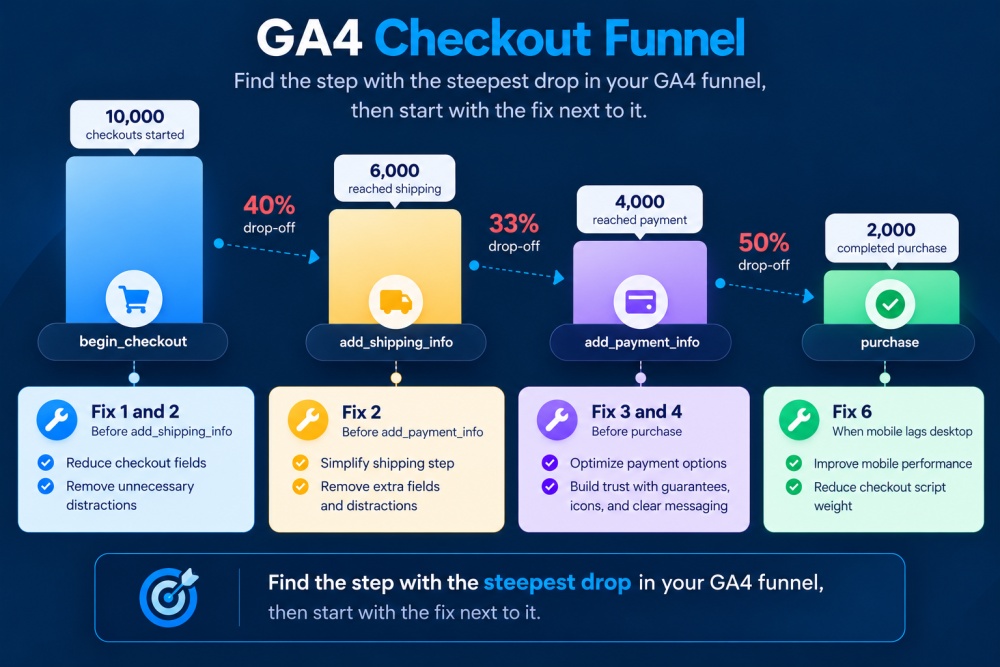 GA4 checkout funnel drop-off and fixes representation