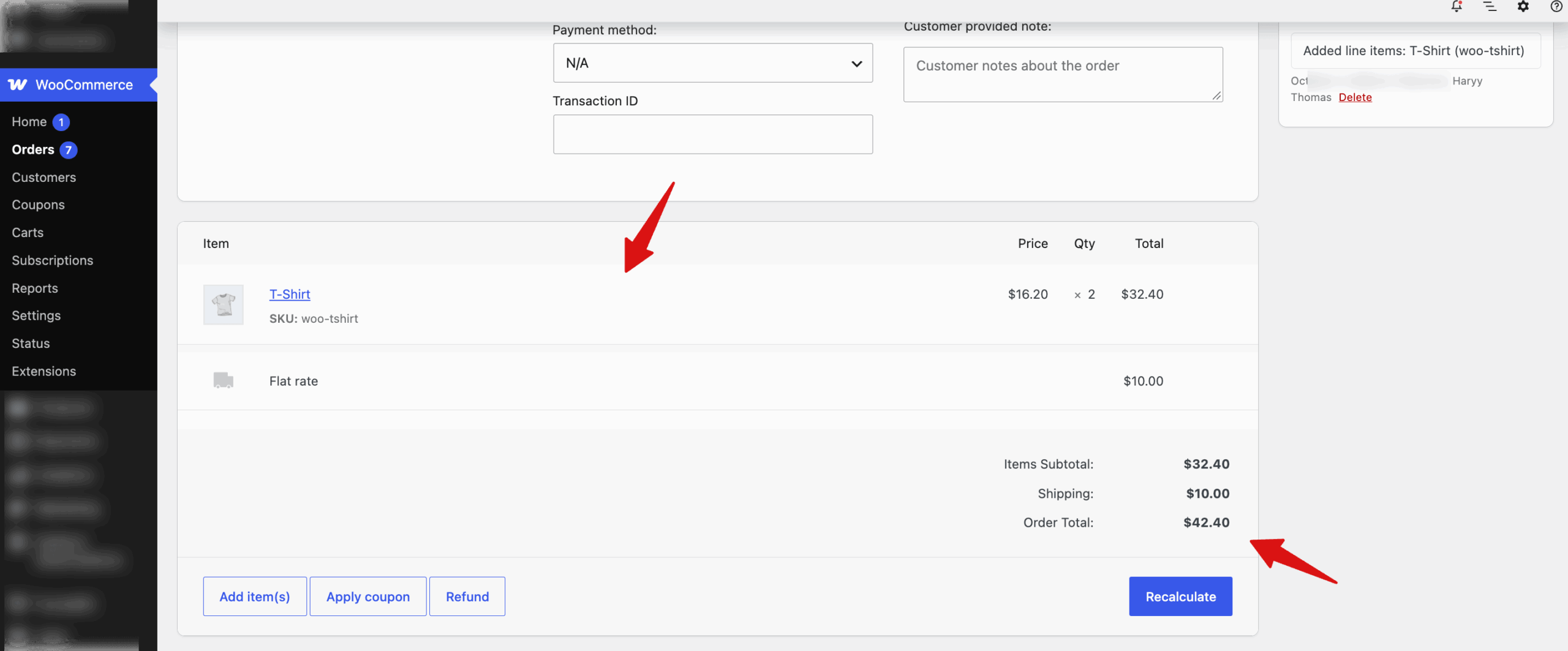In the order items section, click Add item(s) to add products. You can add shipping or a fee here too. Then click Recalculate so taxes and the order total are up to date.