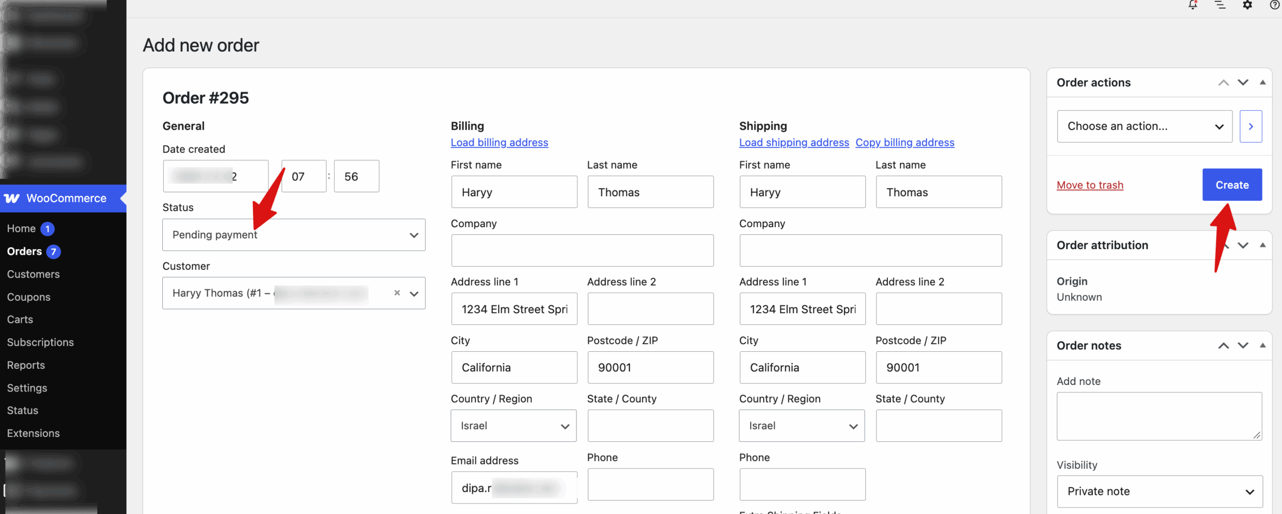 Keep the status set to Pending payment and click Create. This status tells WooCommerce the order is waiting for payment, so the email will carry the pay link.