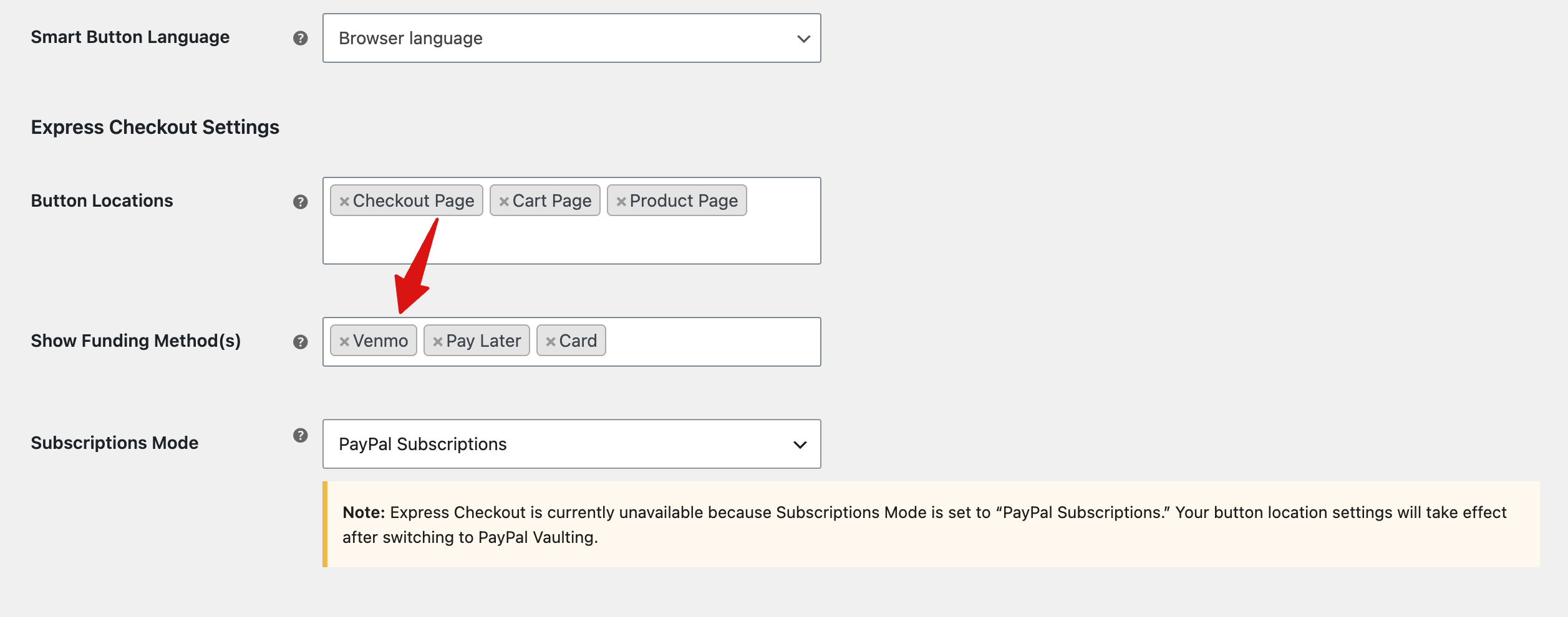 scroll down to the Express Checkout Settings, set the button placement, and add Venmo to Show Funding Method