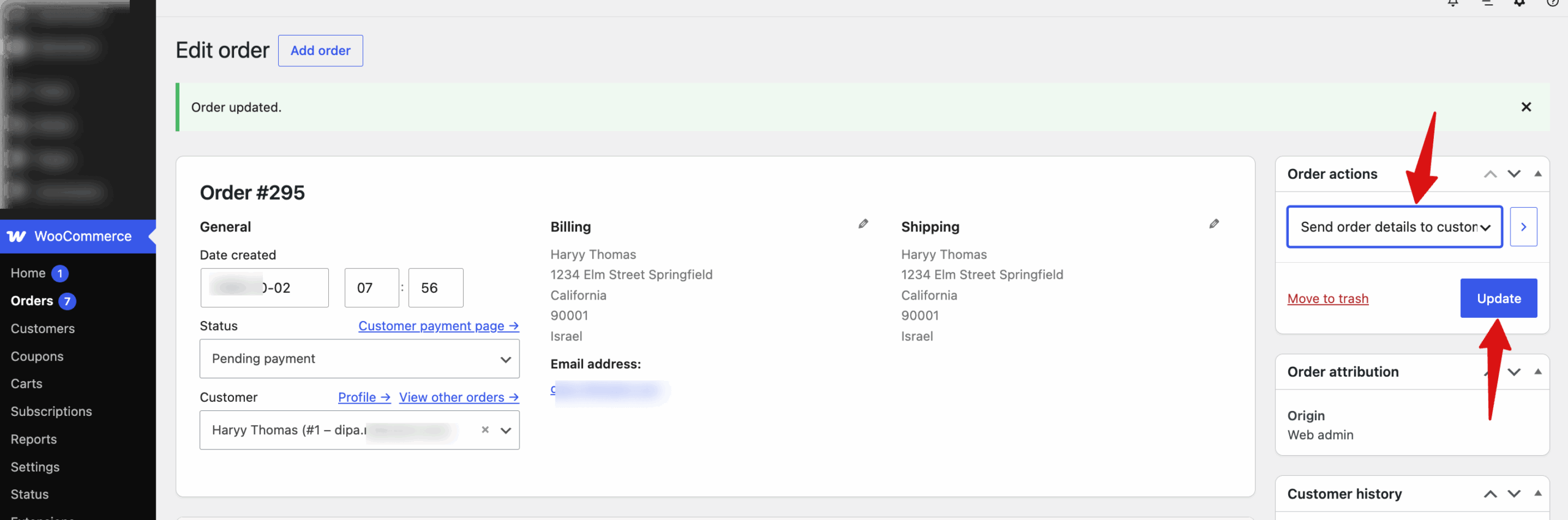 Under Order actions, choose Send order details to customer and click Update, just like in the previous section. Your customer receives the invoice along with a link to pay for the order.