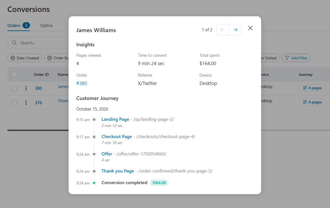 You get customer journey details, pages visited, conversions, and export