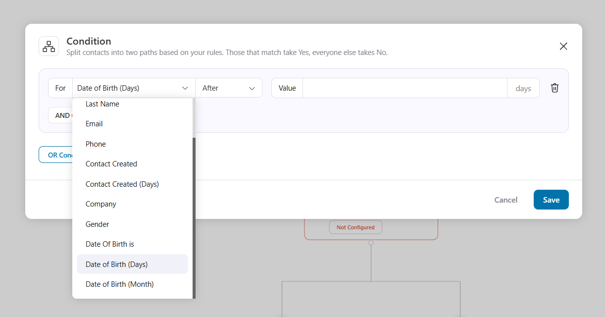 With FunnelKit Automations Pro 3.8.6, you get two new date-of-birth filters and automation rules to make birthday campaigns easier to set up. Date of Birth (Days): Target contacts based on the day of their birthday. Date of Birth (Month): Find contacts whose birthdays fall in a particular month.