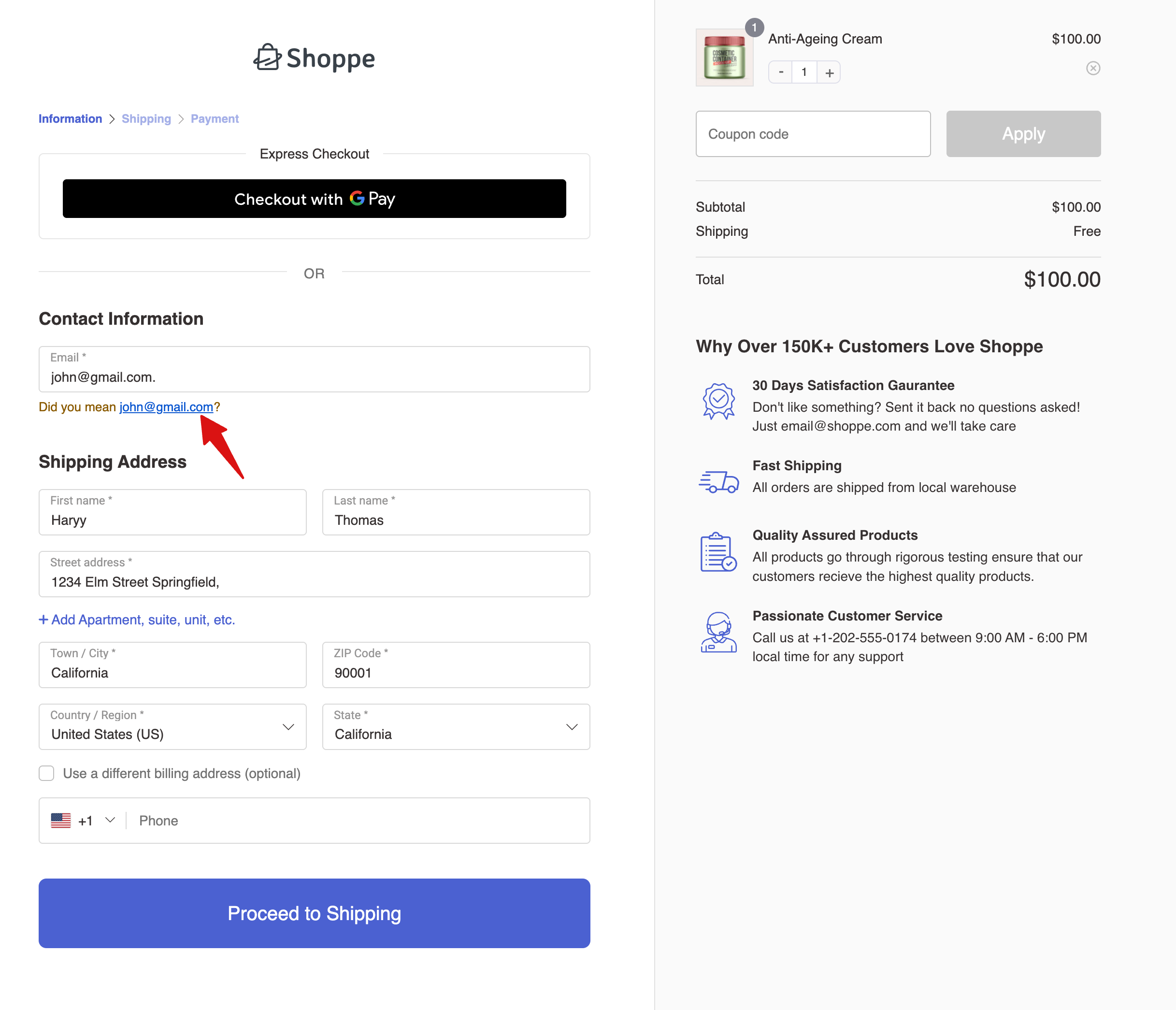 email typo message on checkout