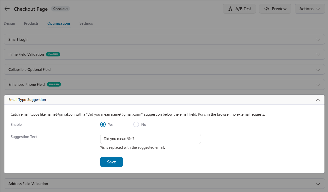 Enable email typo suggestions in seconds under woocommerce checkout optimizations