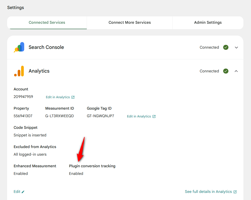Open Site Kit’s settings and enable the plugin conversion tracking.