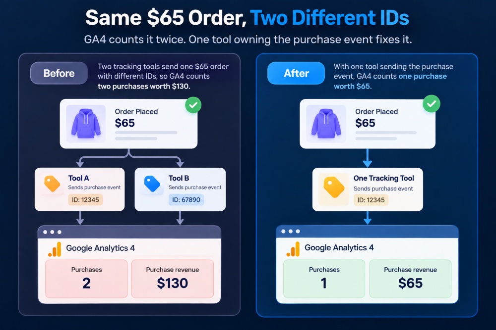 Two tracking plugins send the same sale to GA4, but each uses a different order ID. GA4 sees two purchases and reports $130 instead of $65. With one tool sending the purchase event, GA4 counts one purchase worth $65