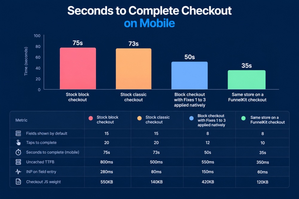 The FunnelKit checkout outperformed all native setups by leveraging a multi-step layout and address autocomplete, dropping mobile completion time to just 35 seconds.