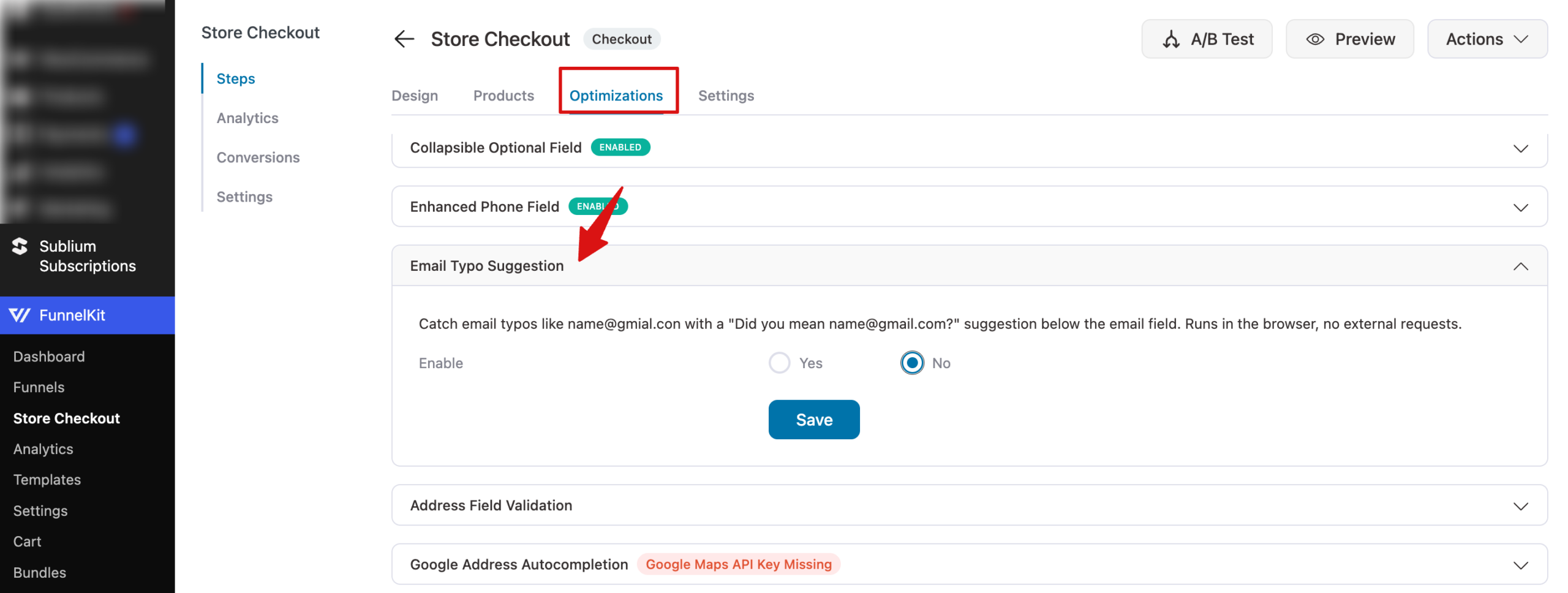 navigate to Email Typo Suggestion