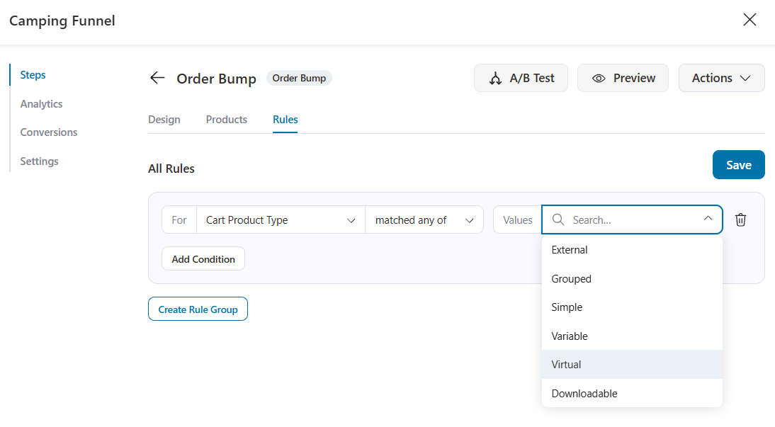 Show or hide an order bump based on whether the cart contains downloadable, virtual, or physical products.