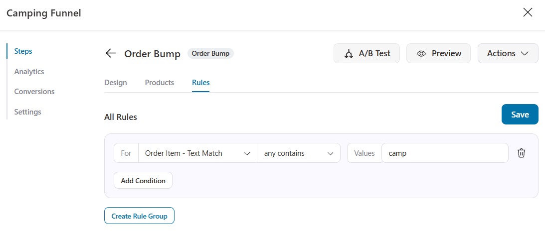 Display an order bump when a cart item's name contains specific text.