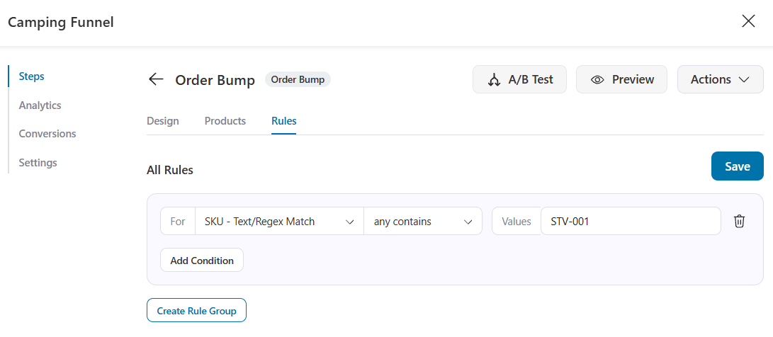 Target order bumps using product SKUs, either through a text match or a regular expression (regex).
