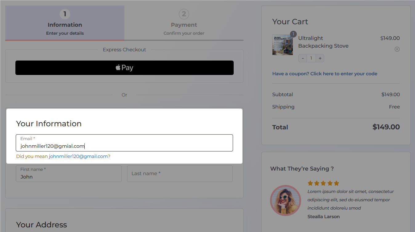 When a shopper enters an email address with a common domain typo, checkout suggests a possible correction right below the field. The shopper can tap to accept the suggestion and continue with the correct address.