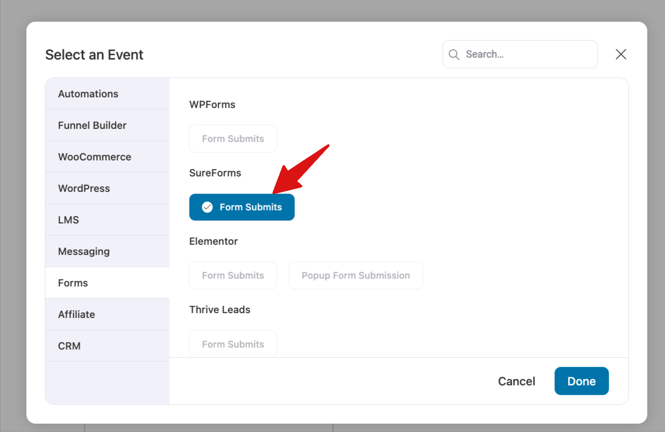 Form Submits event under SureForms