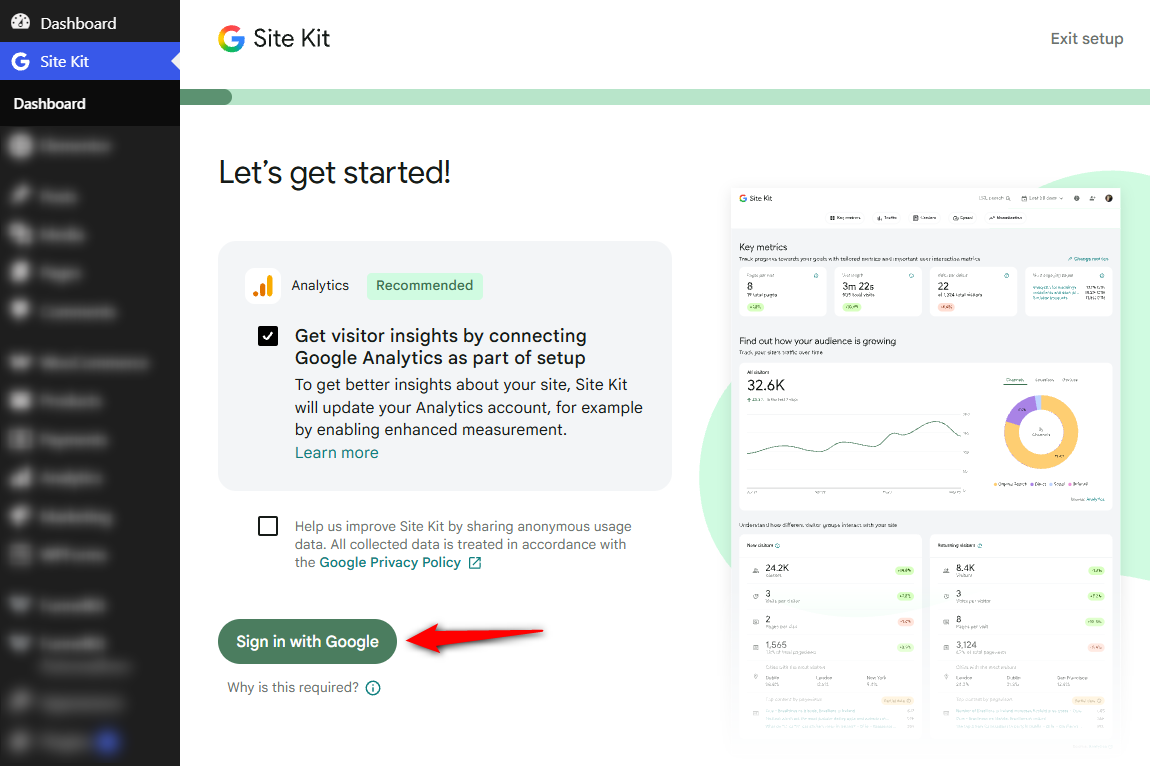 Sign in with the Google account that owns the skillet shop’s GA4 property and select that property when Site Kit asks you to.