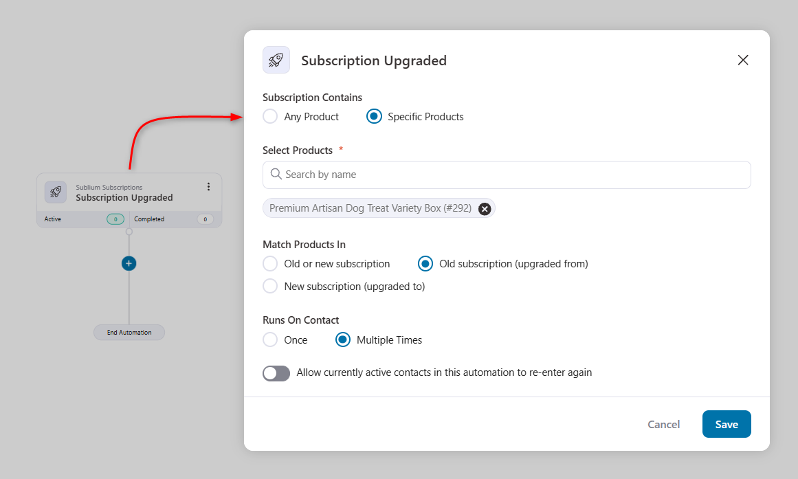 It also supports upgrade-related merge tags and automation rules, so you can tailor messages to the customer's updated subscription.