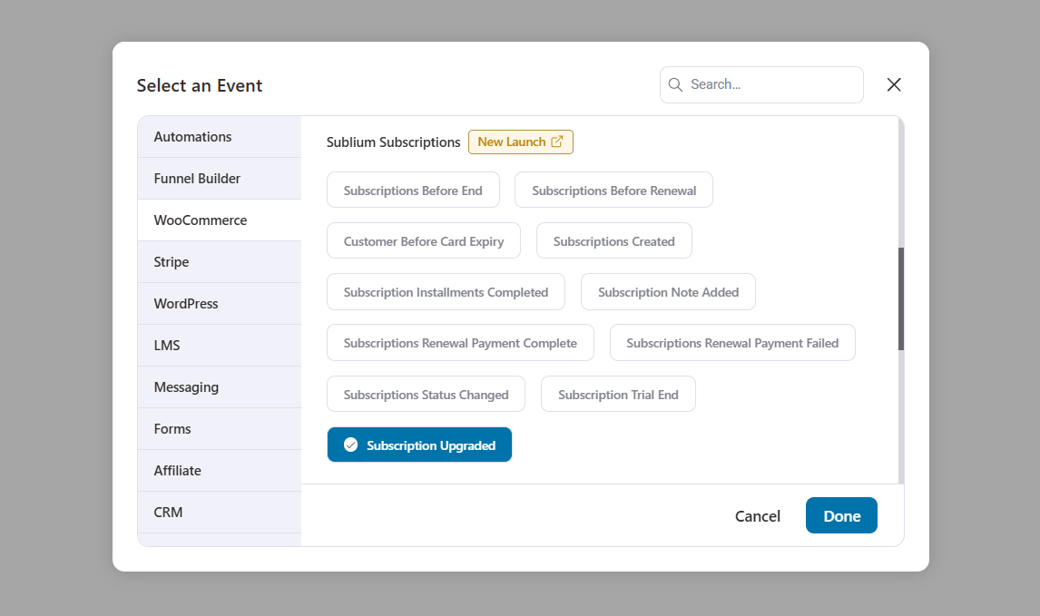 The new Subscription Upgraded trigger starts an automation as soon as a subscriber upgrades their plan.