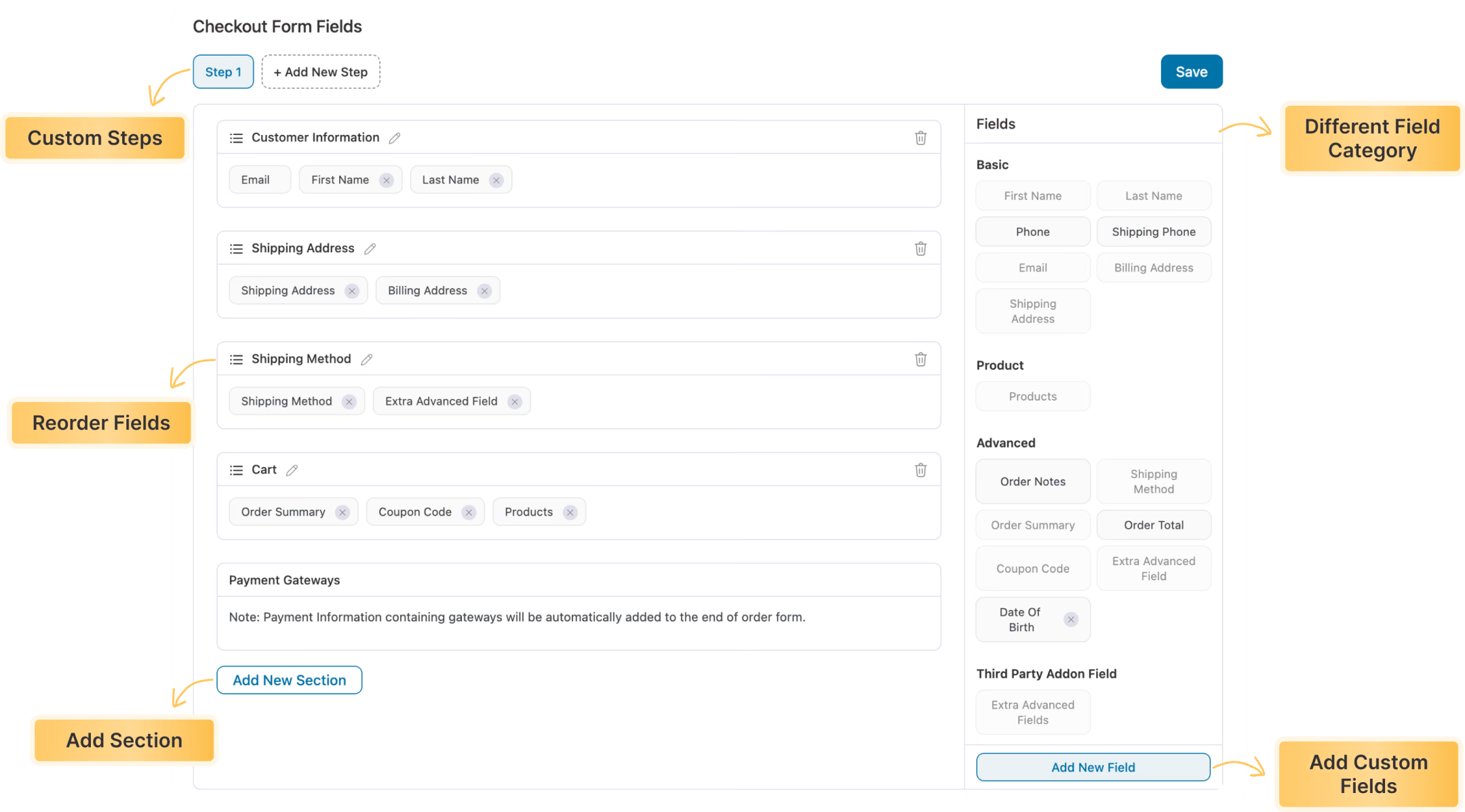 add, edit, remove, and reorder fields and sections on your checkout form effortlessly with FunnelKit